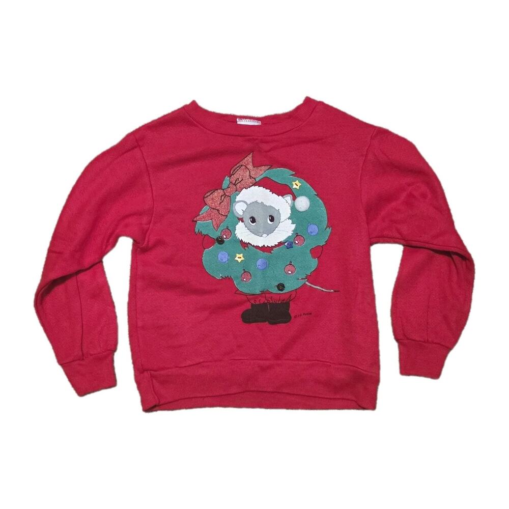 Vtg 90s Kids Christmas Crew Sweatshirt Size 6 Red Mouse Double Sided Nostalgic